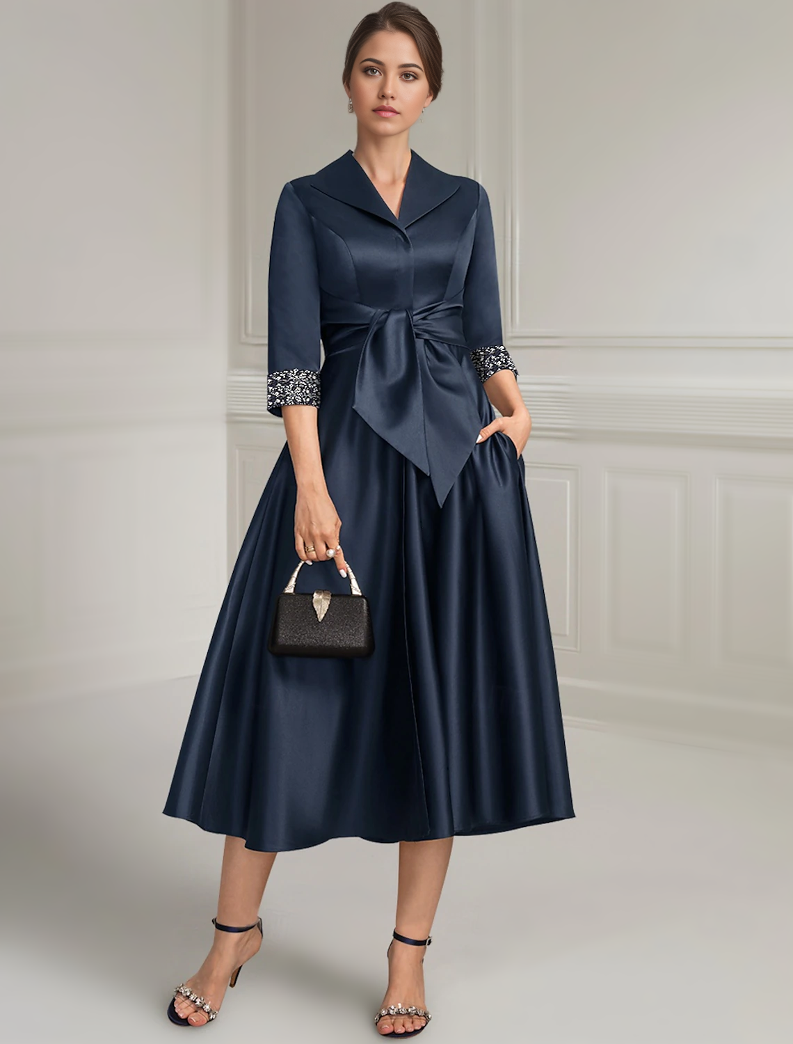 Vestido azul marino de corte A para madre de la novia, elegante, de satén, sencillo, cuello camisero, largo hasta la rodilla, manga 3/4 con faja/cinta y abalorios, color liso, 2024